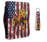 Lotusorchid Highland Cow Bible Case with Leather Keychain, American Flag Bible Carrying Case with Storage Large Bible Book Cover for Men, Bible Holder Bag for Church Daily Use, Blue and Red, Size XL