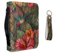 Lotusorchid Leather Bible Cover Case with Keychain, Hummingbird Hibiscus Pattern, PU Leather Protective Case with Zipper, Green and Pink, Size M