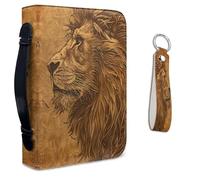 Lotusorchid Lion Print Bible Cover With Leather Keychain, Case for Men With Zipper, PU Leather Protective Church Bag Accessories, Brown, Size XL