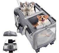 Lotusyaa Large Cat Carrier with Wheels - Double-Compartment Foldable Pet Carrier for Multiple Pets - Soft Rolling Backpack with Detachable Divider, Built-in Water Pocket, for Travel Camping Hiking