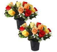 Lotvic 25cm Artificial Flowers with 2 Grave Pots, 12 Head Roses for Cemetery, Memorial, and Christmas Decorations (Yellow)