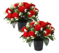 Lotvic Artificial Flowers for Graves, 25cm Grave Flowers, 2 Pcs Grave Pots with Artificial Flower, 12 Head Roses Funeral Flowers, Artificial Flower for Cemetery, Memorial, Christmas(Red)
