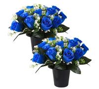 Lotvic Artificial Flowers for Graves, 25cm Grave Flowers, 2 Pcs Grave Pots with Artificial Flower, 12 Head Roses Funeral Flowers, Artificial Flower for Cemetery, Memorial, Christmas (Blue)