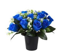Lotvic Artificial Flowers for Graves, 25cm Grave Flowers, Grave Pots with Artificial Flower, 12 Head Roses, Artificial Flower for Cemetery, Memorial, Christmas (Blue)