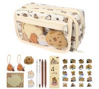 Lotvic Capybara Pencil Case, Capybara Stationery Set with 9 Compartments, Pencil Case with Key Fob, Stickers, Brooches, Sticky Note, Large Capacity Pencil Case