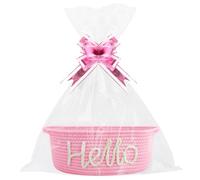 Lotvic Hello Gift Basket, Empty Hamper Basket with Cellophane Bags and Pull Bows, Cotton Rope Gift Baskets with Handles, Woven Hamper Baskets for Baby Shower, Birthday, Housewarming, Christmas