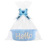 Lotvic Hello Gift Basket, Empty Hamper Basket with Cellophane Bags and Pull Bows, Cotton Rope Gift Baskets with Handles, Woven Hamper Baskets for Baby Shower, Birthday, Housewarming, Christmas