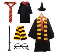 Lotvic Wizard Costume, 6 Pcs Harry Wizard Costume Accessories Set for Kids, Wizard Cosplay Outfit with Hooded Black Cape, Wizard Hat, Wizard Scarf, Wand, Tie and Glasses for Halloween Fancy Dress