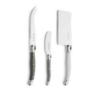 Lou Laguiole 3 Piece Cheese Knife Set - Stainless Steel Cheese Knives with Taupe Handles - Soft Cheese, Hard Cheese & Serving Knife Set - Gift Tray