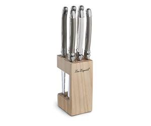 Lou Laguiole Tradition 6-Piece Steak Knife Set with Wooden Block | Mixed Pepper, Pearl & Taupe Handles | Micro-Serrated 18/0 Stainless Steel | French Heritage Design | Gift Ready