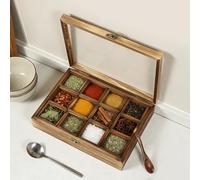 LouAleaxo Wooden Spice Box Organizer, 12 Compartments, Pine Carbonized, Clear Lid, Matching Spoon, Easy Storage for Kitchen Herbs, Tea, Home, Restaurant