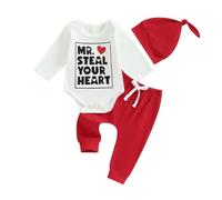 Louatui Toddler Baby Boy Girl My First Valentines Day Outfit Mr Steal Your Heart Onesie Romper Pants Hat 3Pcs Clothes Set (A# Red, 0-3 Months)