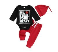 Louatui Toddler Baby Boy Girl My First Valentines Day Outfit Mr Steal Your Heart Onesie Romper Pants Hat 3Pcs Clothes Set (A# Black, 3-6 Months)