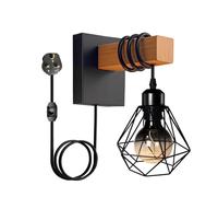 louawieng Plug in Wall Light, Dimmable Industrial Wood Wall Lamp, Black Wall Sconce with Switch Cord E27 Socket, Aesthetic Decorative DIY Indoor Lighting for Bedroom Living Room (No Bulb)