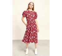 Louche Women's Stasia Roaring Daisy Print V Back Puff Sleeve Midi Dress Red | Size: 10 Louche Red 10
