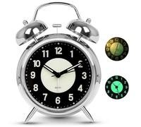 Loud Alarm Clock for Heavy Sleepers, 4 Inch Metal Alarm Clock with Night Light, Silent Non-Ticking Mechanism, Luminous Dial & Battery Operated, Elegant Retro Bedside Analogue Clock for Bedroom(Silver)