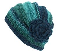 Loud Hats Teal Wool Knit Beanie Hat Shell Shaped with Crochet Flower Applique
