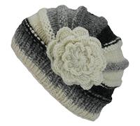 Loud Hats Winter White Wool Knit Beanie Hat Shell Shaped with Crochet Flower Applique