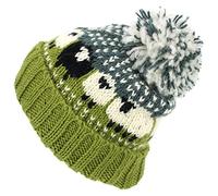 Loud Hats Wool Knit Bobble Beanie Hat Sheep Pattern & Black Sheep - Green