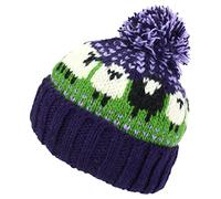 Loud Hats Wool Knit Bobble Beanie Hat Sheep Pattern & Black Sheep - Green Purple