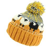 Loud Hats Wool Knit Bobble Beanie Hat Sheep Pattern & Black Sheep - Orange
