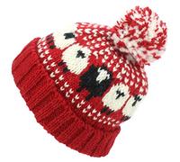 Loud Hats Wool Knit Bobble Beanie Hat Sheep Pattern & Black Sheep - Red White, One Size