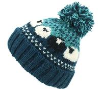 Loud Hats Wool Knit Bobble Beanie Hat Sheep Pattern & Black Sheep - Teal Green, One Size