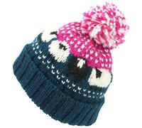 Loud Hats Wool Knit Bobble Beanie Hat Sheep Pattern & Black Sheep - Teal Pink, One Size