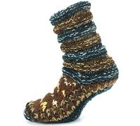 LOUDelephant Chunky Wool Knit Abstract Pattern Slipper Socks - Blue & Brown