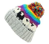 LOUDelephant Hand Knitted Wool Beanie Bobble Hat - Sheep - Light Grey Rainbow Stripe