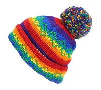 LOUDelephant Hand Knitted Wool Beanie Bobble Hat - Stripe Rainbow Zig Zag