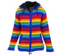 LOUDelephant Hand Knitted Wool Hooded Jacket Cardigan Ladies Cut - Stripe Bright Rainbow (XX-Large)
