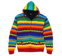 LOUDelephant Hand Knitted Wool Hooded Jacket Cardigan - Stripe Rainbow Zig Zag (X-Large)