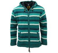 LOUDelephant Hand Knitted Wool Hooded Jacket Cardigan - Stripe Teal (Medium)