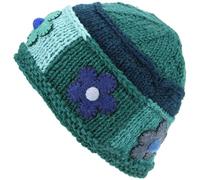 LoudElephant Ladies Wool Knit Beanie Hat with Flower Patch Design - Green