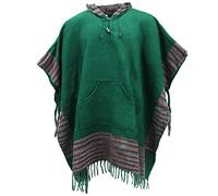 LOUDelephant Soft Vegan Wool Hooded Tibet Poncho - Racing Green & Red Grey