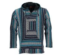 LOUDelephant Unisex Baja Hoodie - Blue Large - Cotton Canvas Festival Jacket - Boho Hippie Zip-Up Hoody with Kangaroo Pockets - Ethnic Handmade Fleece-Lined Top