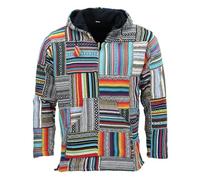 LOUDelephant Unisex Baja Hoodie - Patchwork Large - Cotton Canvas Festival Jacket - Boho Hippie Zip-Up Hoody with Kangaroo Pockets - Ethnic Handmade Fleece-Lined Top