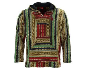 LOUDelephant Unisex Baja Hoodie - Patchwork Small - Cotton Canvas Festival Jacket - Boho Hippie Zip-Up Hoody with Kangaroo Pockets - Ethnic Handmade Fleece-Lined Top Red Green