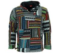 LOUDelephant Unisex Baja Hoodie - Red Green Small - Cotton Canvas Festival Jacket - Boho Hippie Zip-Up Hoody with Kangaroo Pockets - Ethnic Handmade Fleece-Lined Top