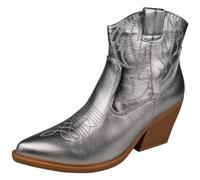 LoudLook Ladies Ankle Cowboy Boots Western Faux Suede Zip Pointed Toe Cuban Heel Shoes Sizes Silver 3