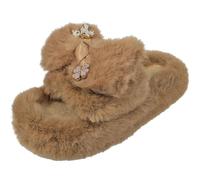 LoudLook Ladies Bow Slippers Faux Fur Slip On Indoor Outdoor Ladies Light Weight Comfy Grip Shoes Size Camel 3