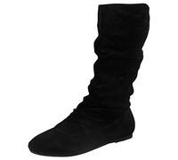 LoudLook Ladies Mid Calf Boots Pull-On Flat Heel Comfy Casual Pixie Slouch Rouched Long Shoes Sizes Black 6