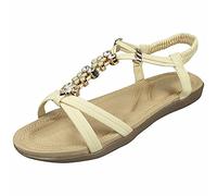 LoudLook Ladies Open Toe Elastic Strap Sandals Bling Casual Flat Summer Comfy Shoes Sizes Beige 8