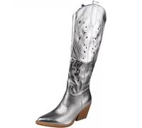 LoudLook Ladies Western Cowboy Boots Below Knee Zip Heel Faux Suede Pointed Toe Winter Shoes Sizes Silver 5