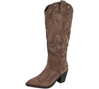 LoudLook Womens Cowboy Mid Calf Boots Faux Suede Cuban Heel Western Pointed Toe Zip Shoes Sizes Khaki 6