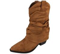 LoudLook Womens Mid Calf Cowboy Boots Suede Cuban Heel Western Pointed Toe Pull On Shoes Sizes Camel 4