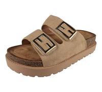 LoudLook Womens Sliders Sticky Mules Flat Bling Cushioned Light Weight Adjustable Straps Faux Suede Open Toe Summer Comfy Sizes Khaki 3