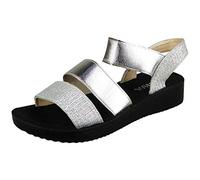 LoudLook Womens Wedges Sandals Open-Toe Elastic Slingback Comfy Causal Summer Heel Sandals Sizes Silver 4