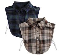 LoudSung Fake Collar Detachable Blouse False Collar Half Shirts Collar Plaid Designed Cotton Top Elegant for Women 2PCS